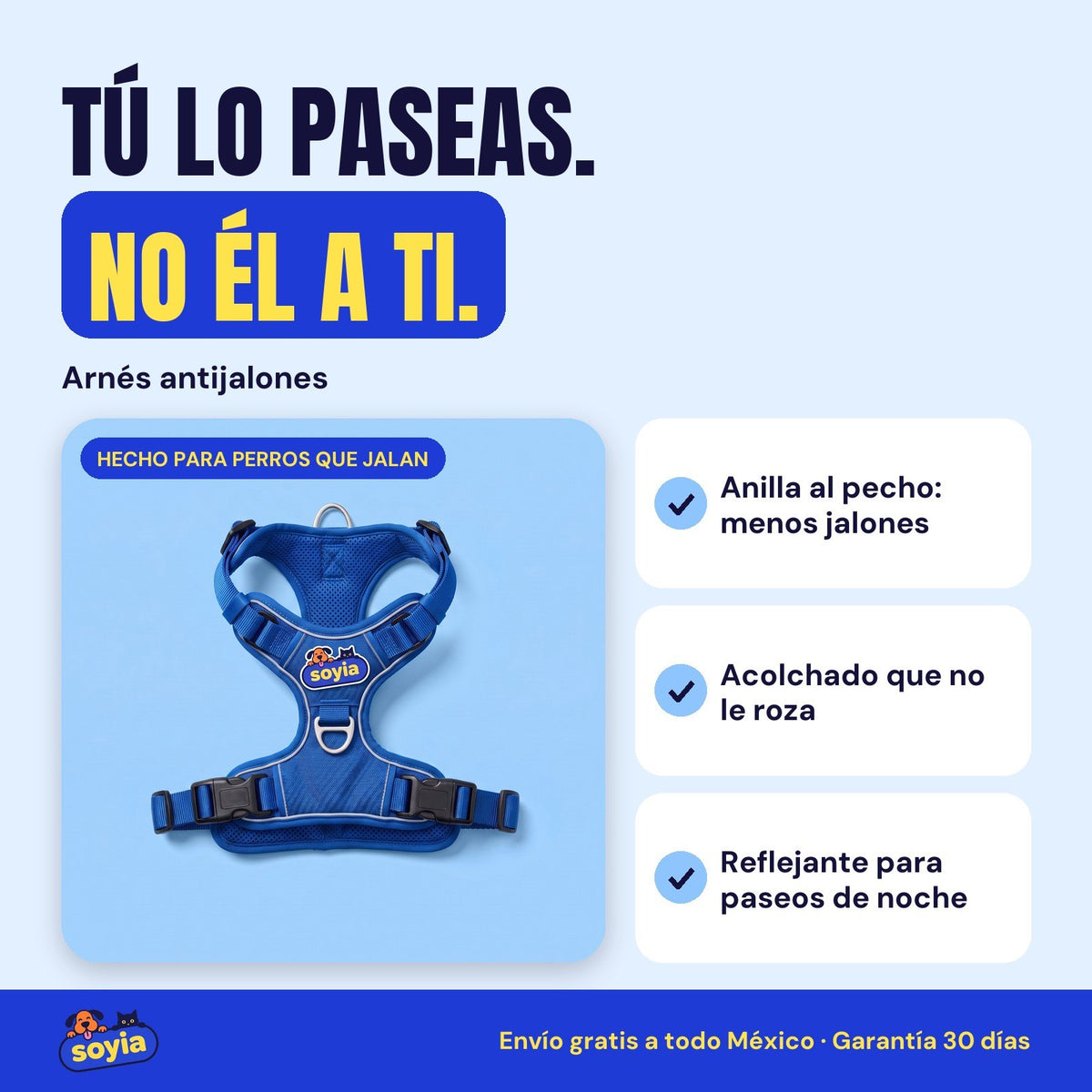 Arnés antijalones Soyia azul cobalto con parche de la marca