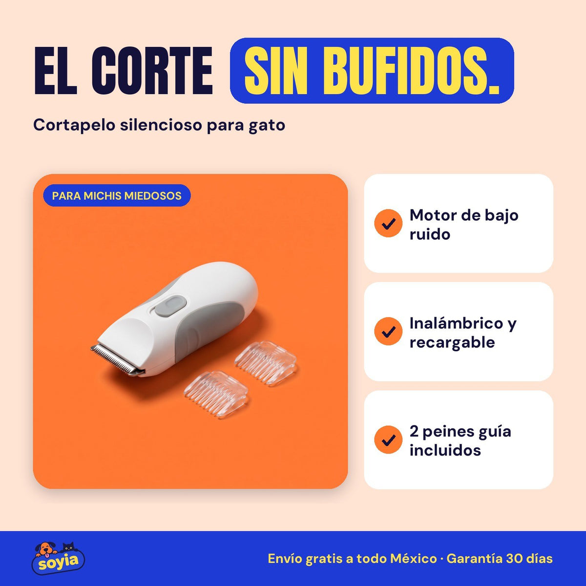 Cortapelo silencioso para gato Soyia con dos peines guía