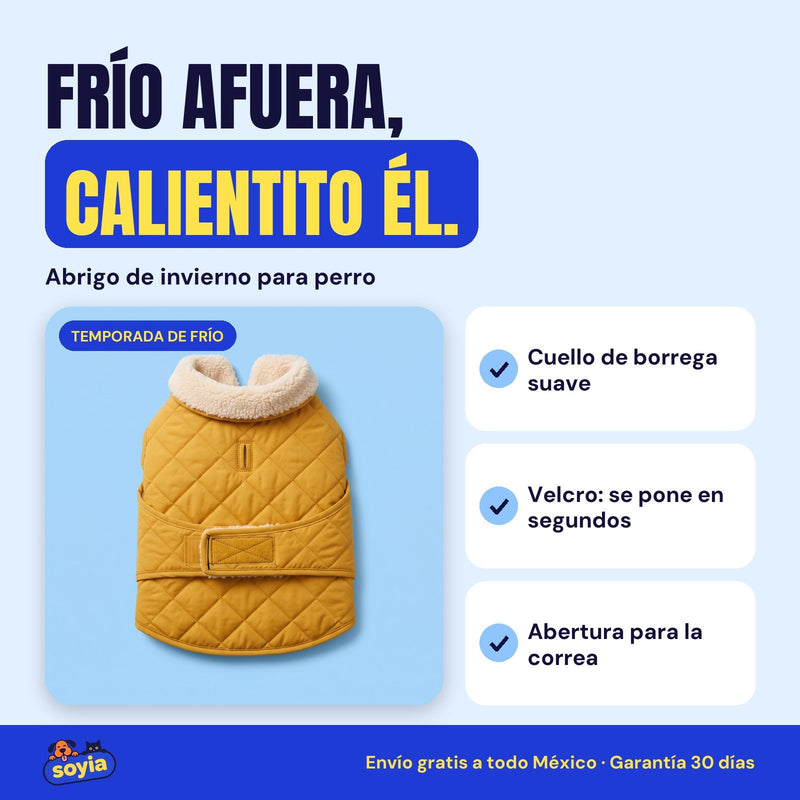 Abrigo de invierno para perro Soyia color mostaza con cuello de borrega