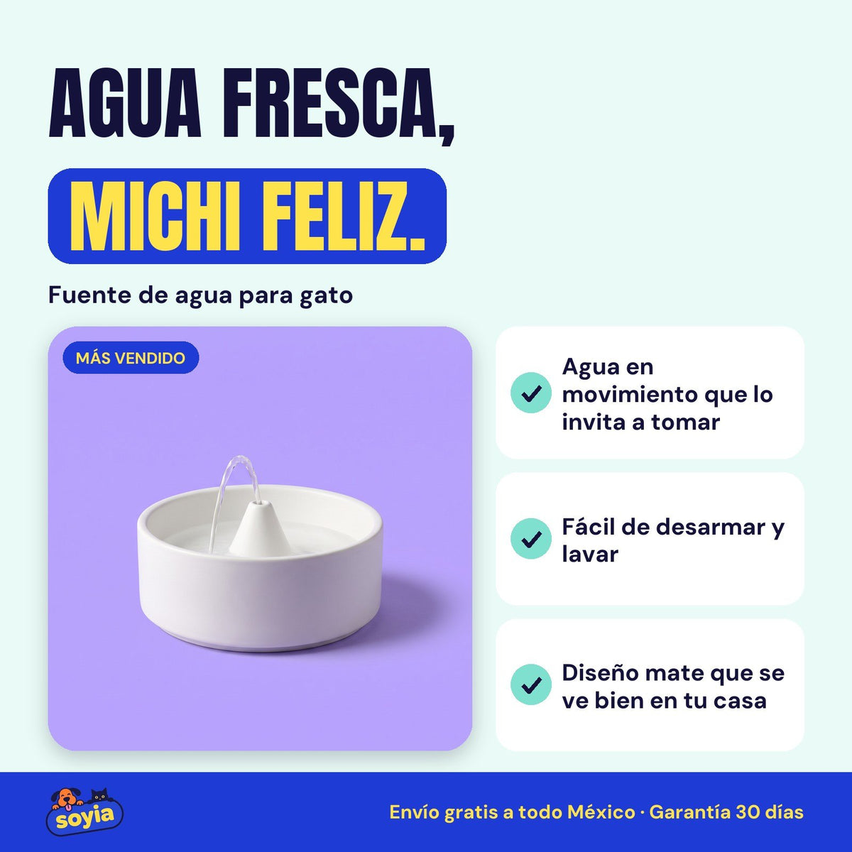 Fuente de agua para gato Soyia blanca con chorrito de agua