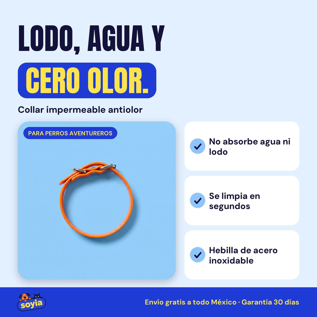 Collar impermeable Soyia naranja con hebilla de acero inoxidable