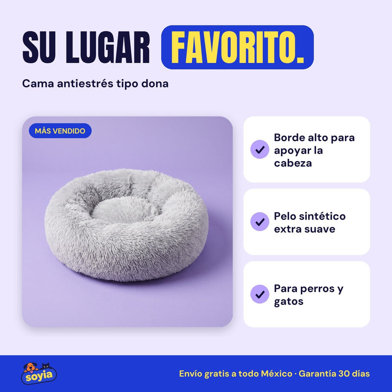 Cama antiestrés tipo dona Soyia gris de pelo suave