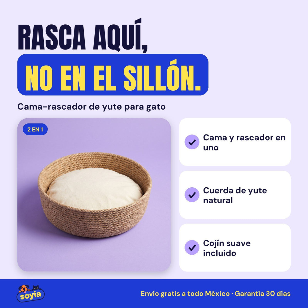 Cama-rascador de yute para gato Soyia con cojín crema