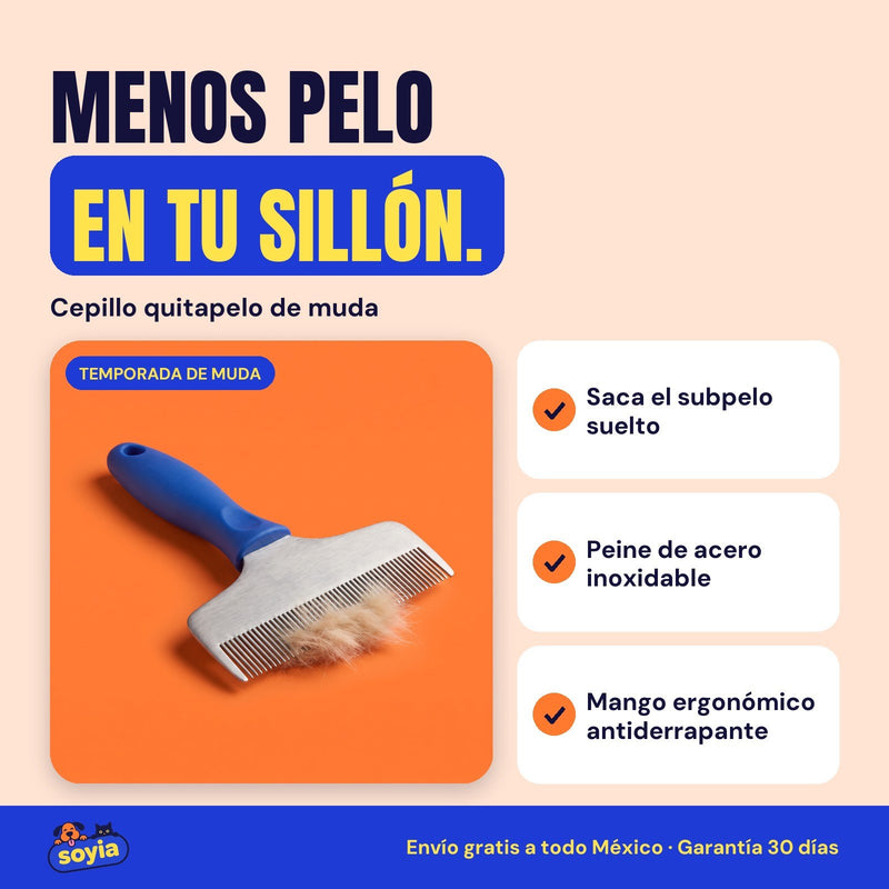 Cepillo quitapelo de muda Soyia con mango azul y pelo atrapado