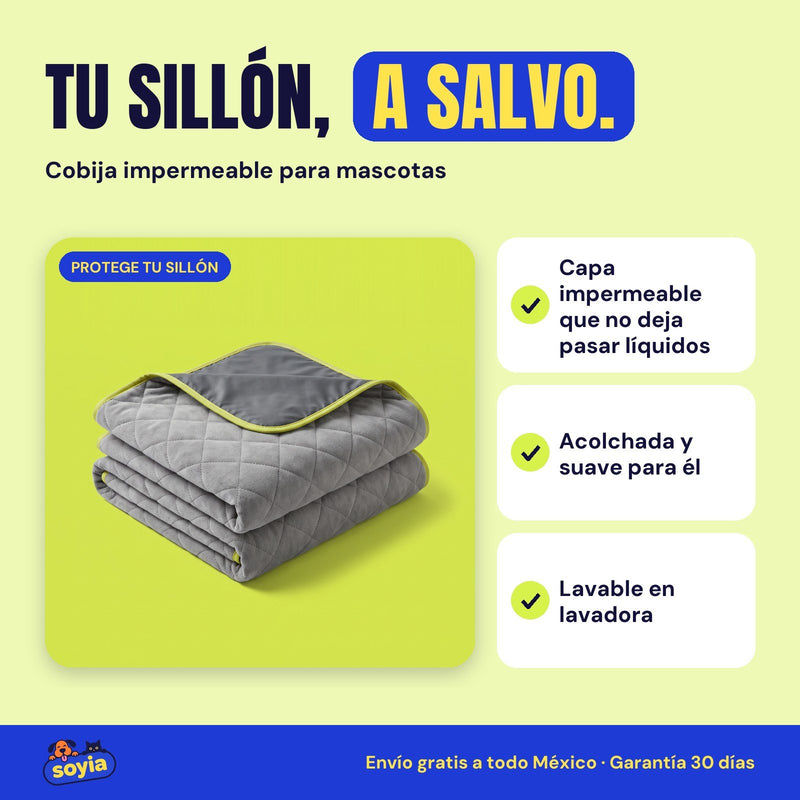 Cobija impermeable para mascotas Soyia gris acolchada con ribete verde